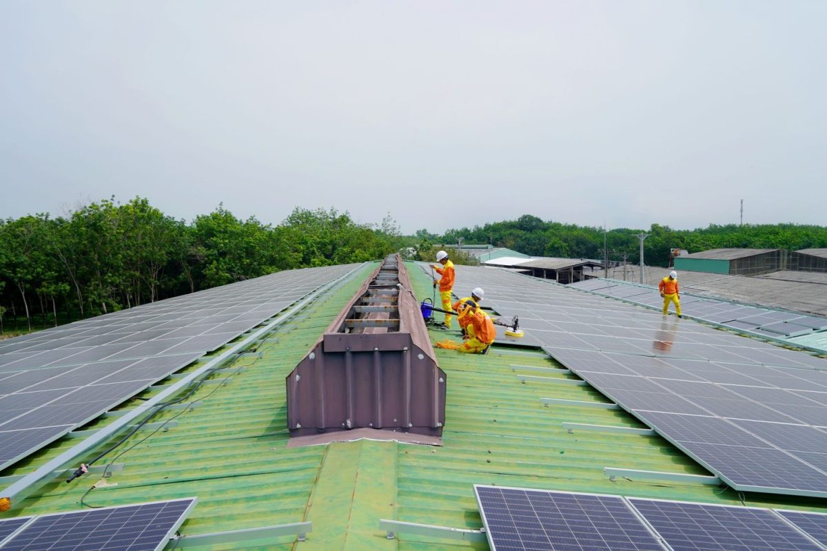 Rooftop solar panels feeding a grid-tied inverter system