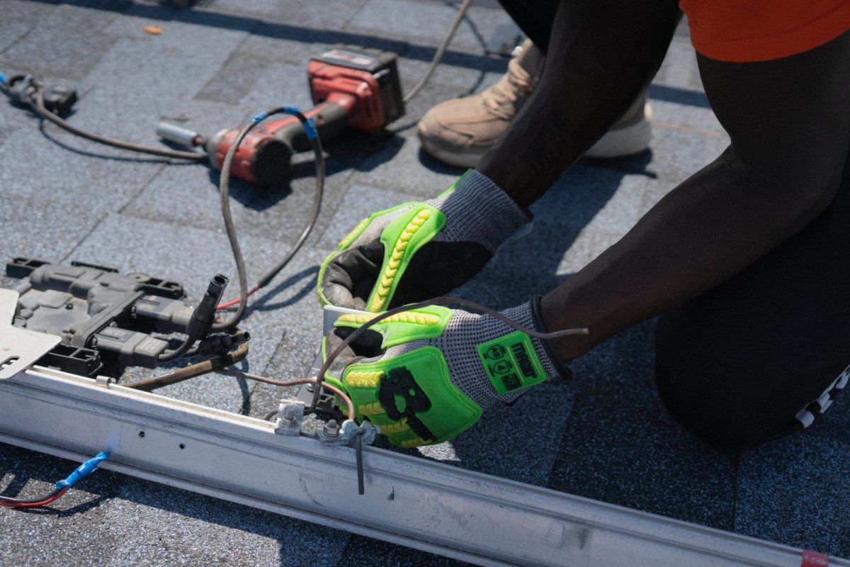 Solar panels wired together on a rooftop array