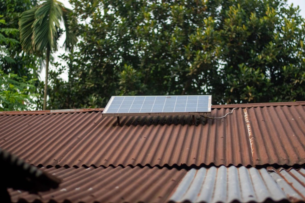 Rooftop solar panels feeding a grid-tied inverter