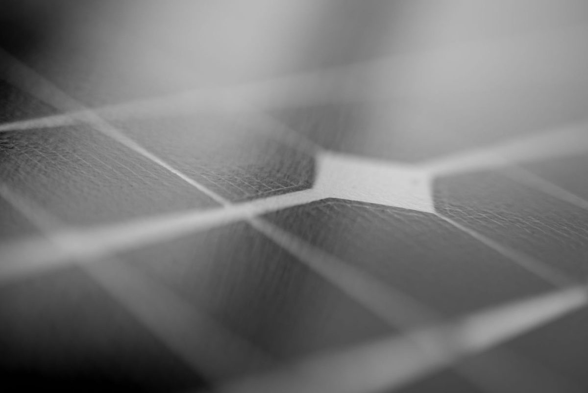 Close-up of blue polycrystalline solar cells showing their crystalline texture