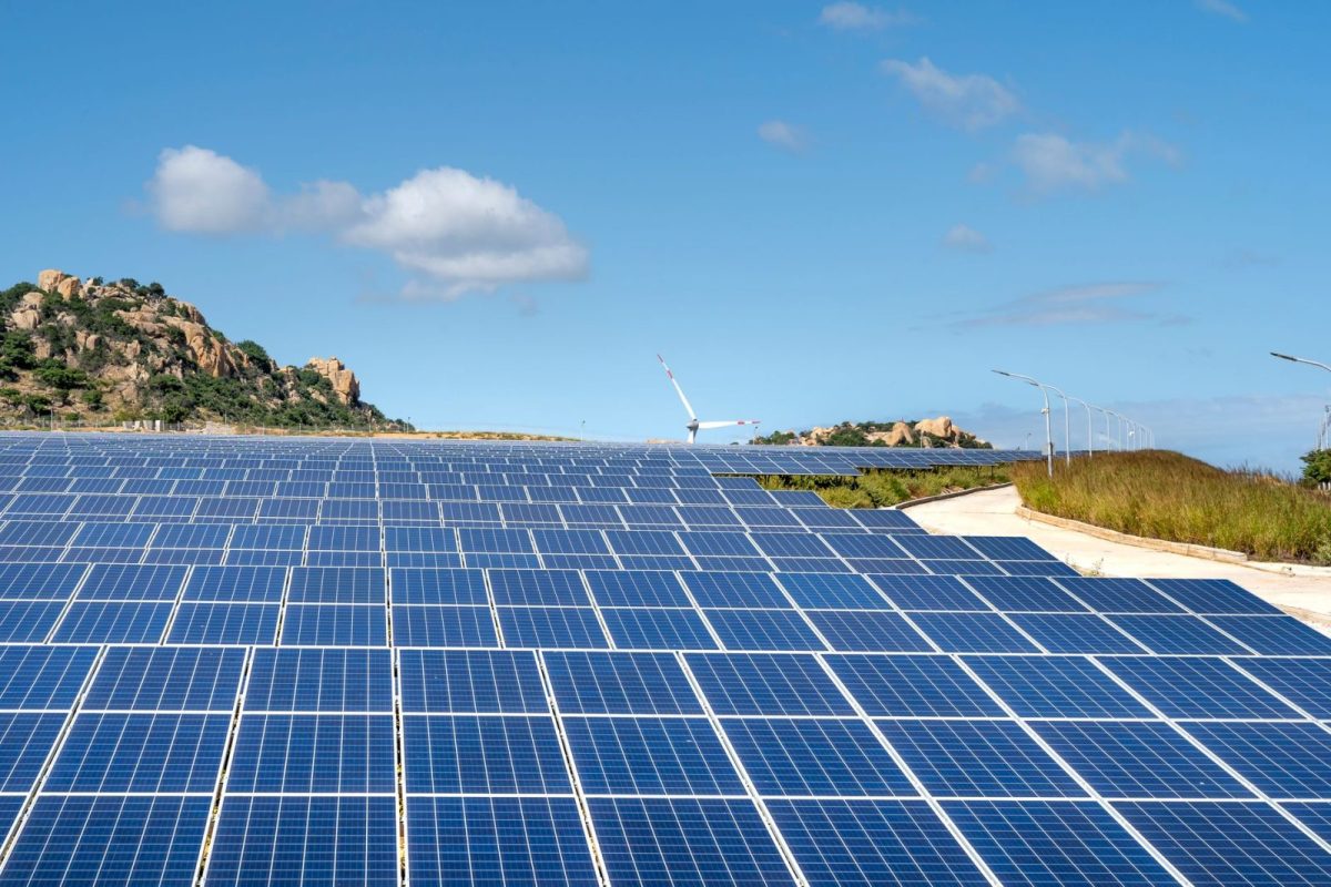 Solar panel module label and datasheet specifications on a rooftop array