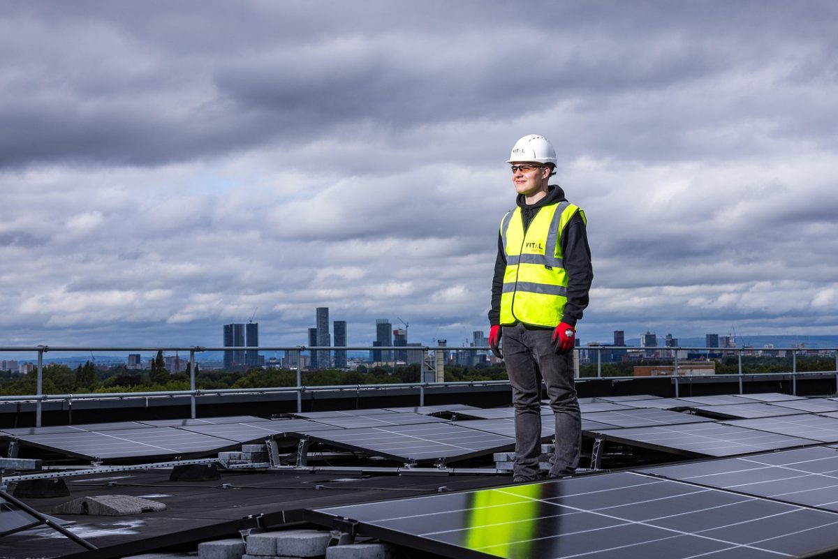 Rooftop solar panels feeding a home battery system